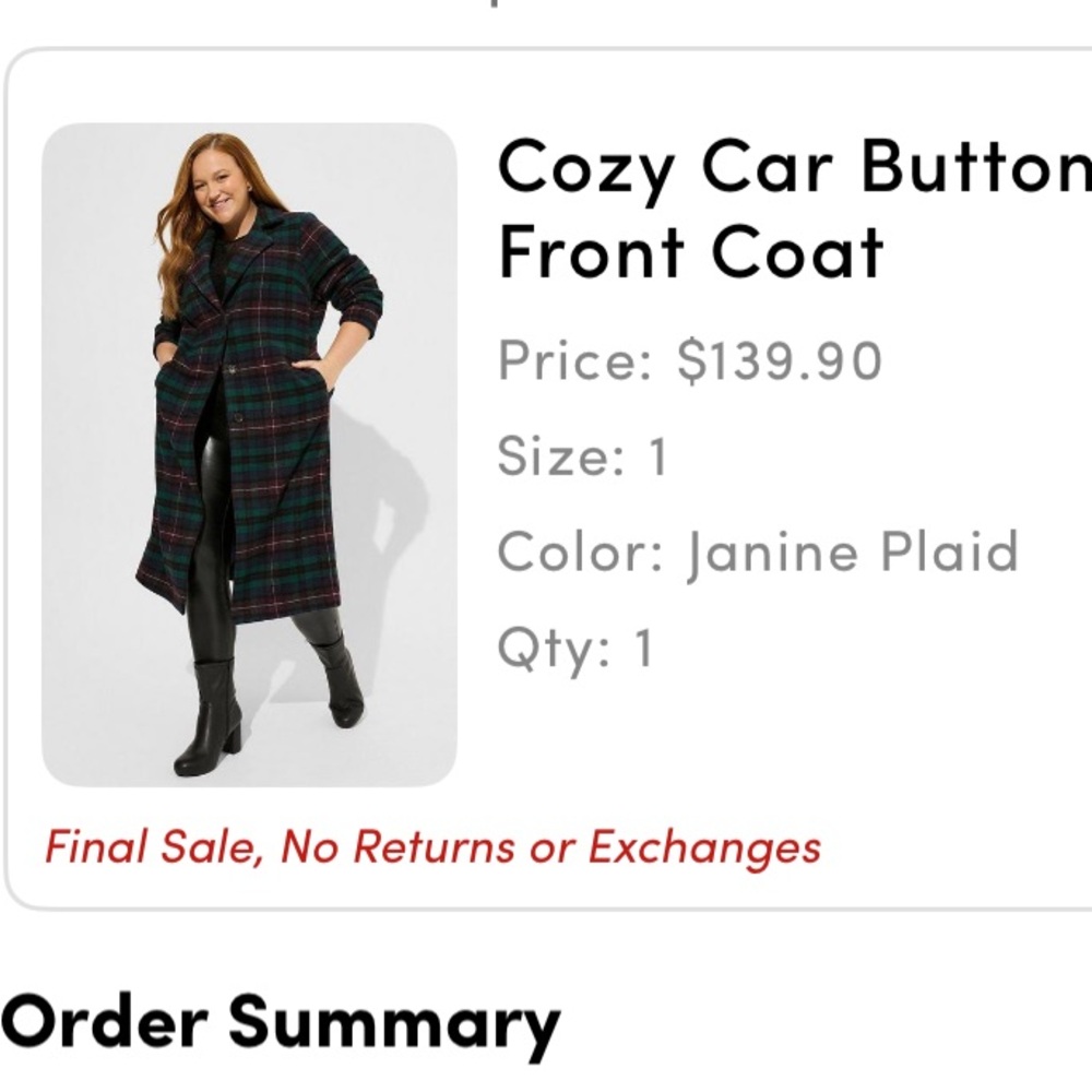 Torrid Cozy Car button front coat in Janine plaid